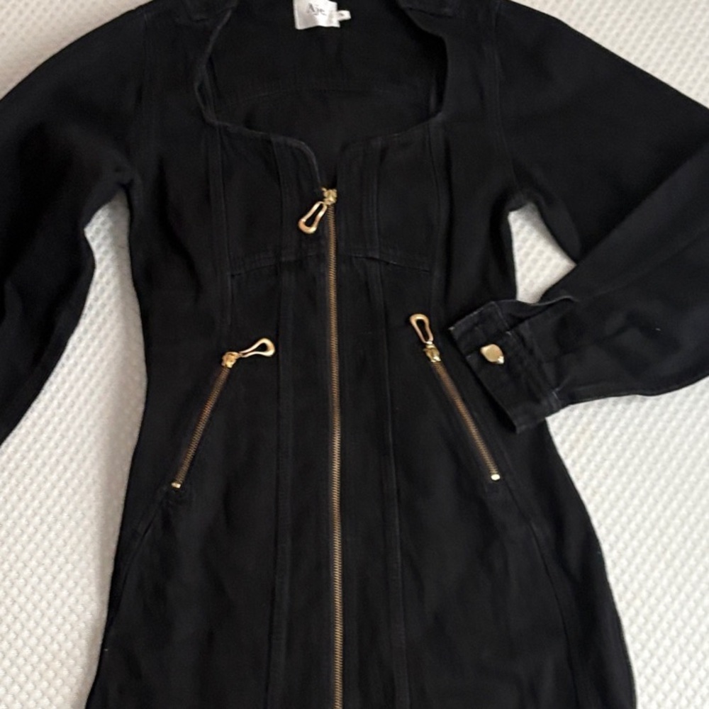 Aje Black Long Sleeve Dress with Gold Zipper Details. Denim black.